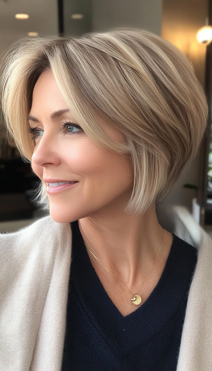 19. Tapered Bob in Soft Beige Blonde (Short Layered Bob Hairstyles For Older Women) - Short Layered Bob Hairstyles For Older Women