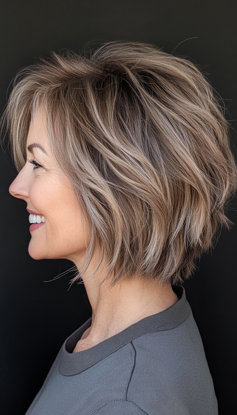 21. Messy Textured Bob in Light Ash Brown (Short Layered Bob Hairstyles For Older Women) - Short Layered Bob Hairstyles For Older Women