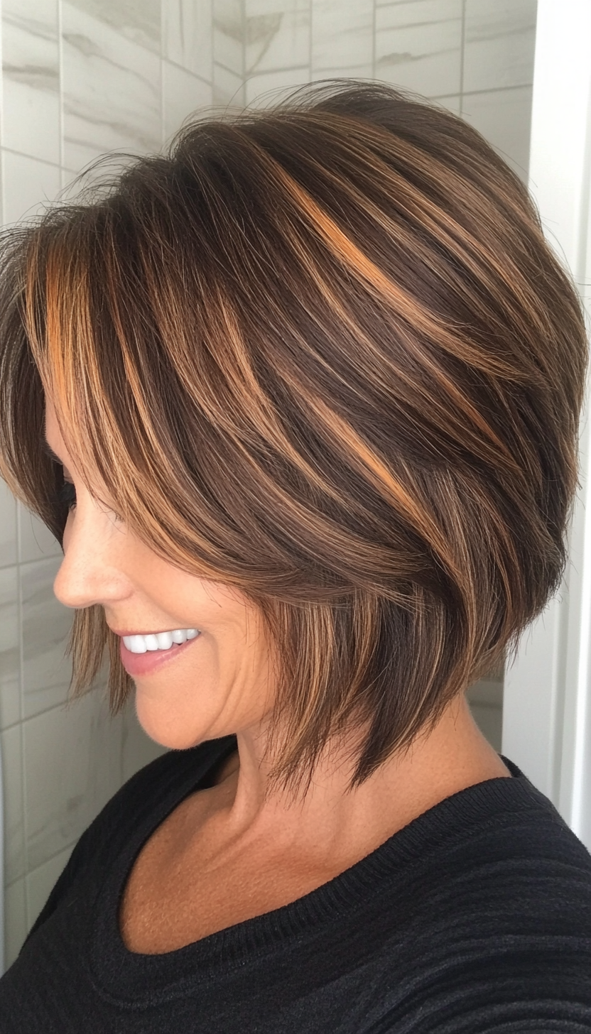 23. Stacked Bob in Chocolate with Caramel Streaks (Short Layered Bob Hairstyles For Older Women) - Short Layered Bob Hairstyles For Older Women