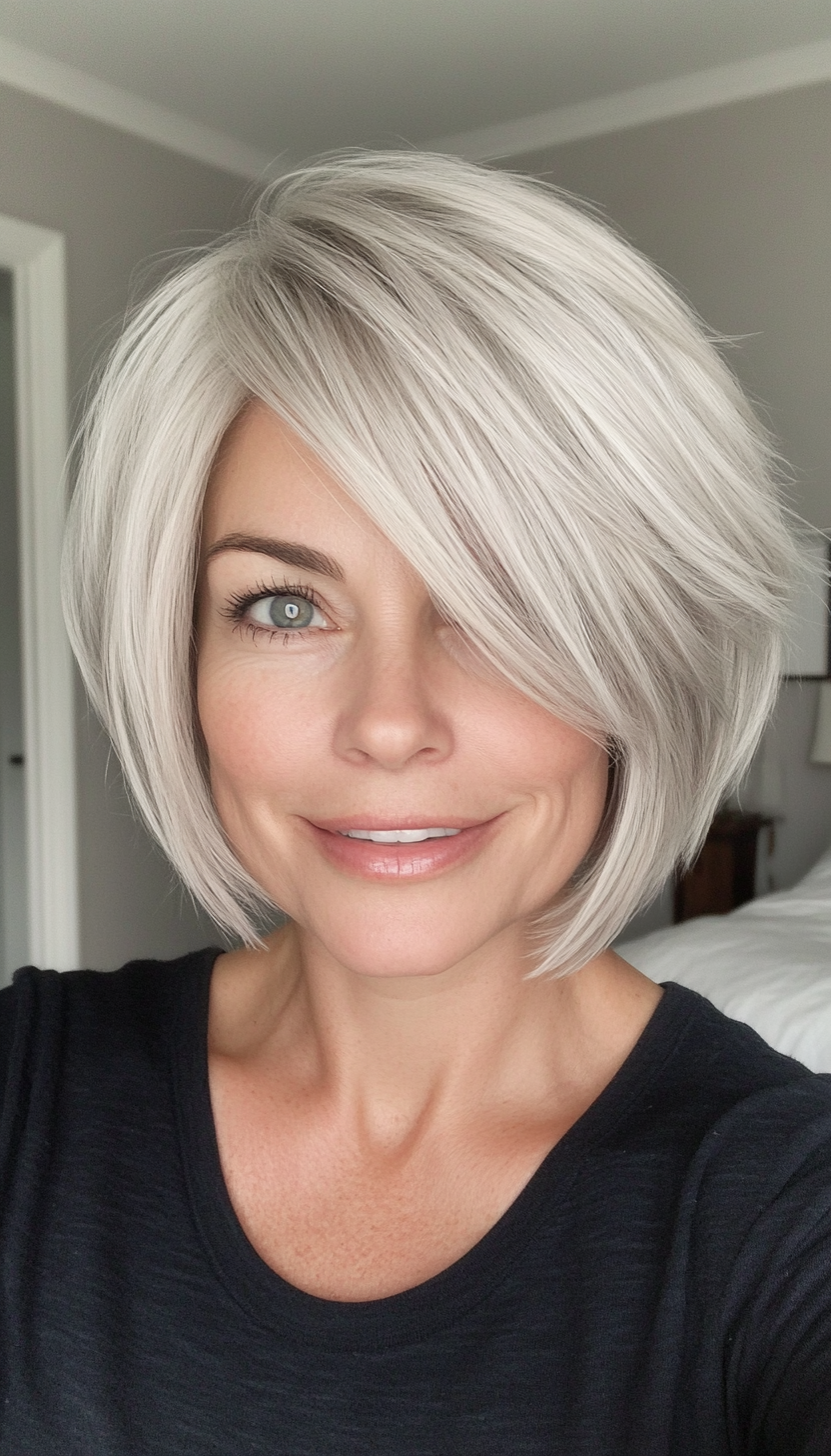 24. Short Choppy Layers in Cool Platinum Blonde (Short Layered Bob Hairstyles For Older Women) - Short Layered Bob Hairstyles For Older Women