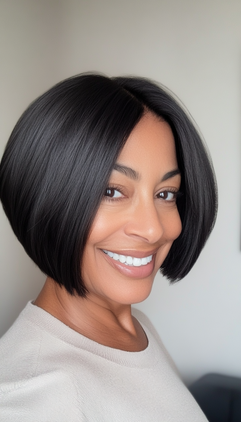 26. Cropped Bob in Natural Black (Short Layered Bob Hairstyles For Older Women) - Short Layered Bob Hairstyles For Older Women
