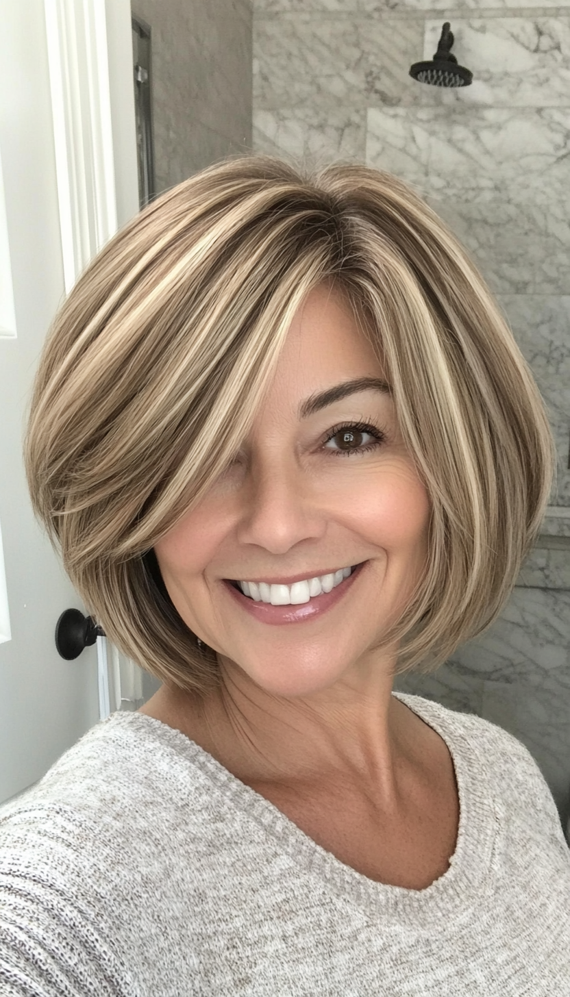 27. Layered Bob with Soft Highlights in Beige Brown (Short Layered Bob Hairstyles For Older Women) - Short Layered Bob Hairstyles For Older Women