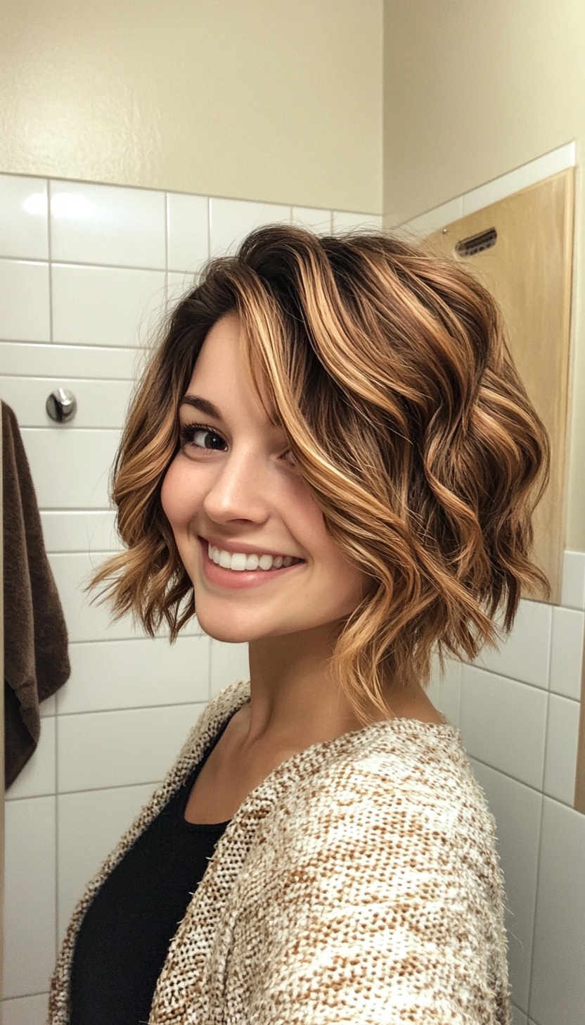 6. Wavy Crop in Warm Caramel Highlights (Chic Short Haircuts) - Chic Short Haircuts