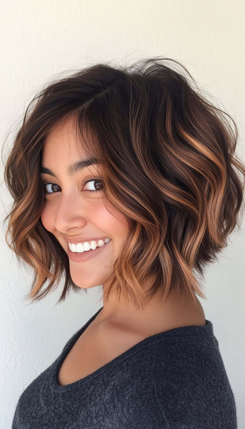 26. Wavy Bob in Dark Amber Highlights (Chic Short Haircuts) - Chic Short Haircuts