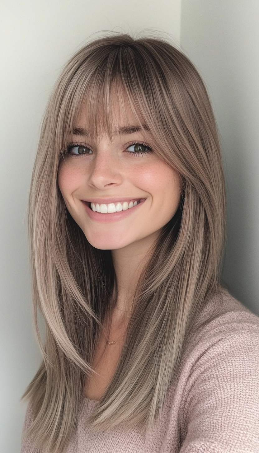 18. Straight Bangs in Smoky Taupe (Hairstyles For Thin Straight Hair) - Hairstyles For Thin Straight Hair