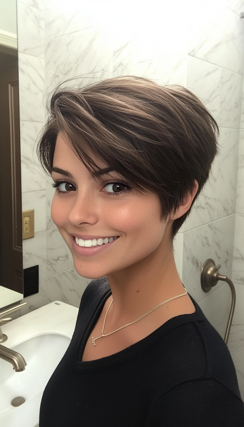 19. Cropped Layers in Dark Ash Brown (Hairstyles For Thin Straight Hair) - Hairstyles For Thin Straight Hair