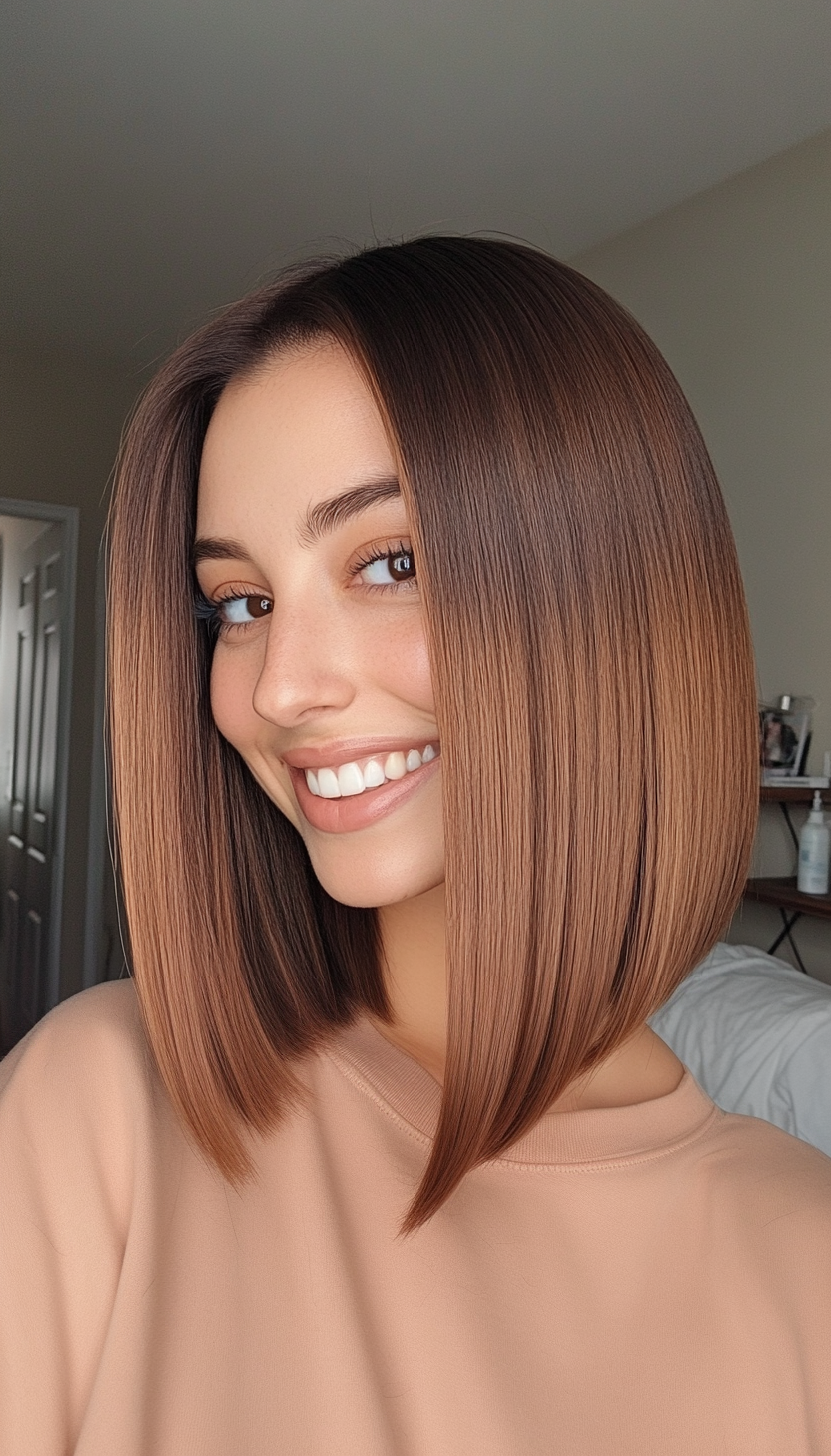 21. Sleek A-Line Bob in Chestnut Ombre (Hairstyles For Thin Straight Hair) - Hairstyles For Thin Straight Hair