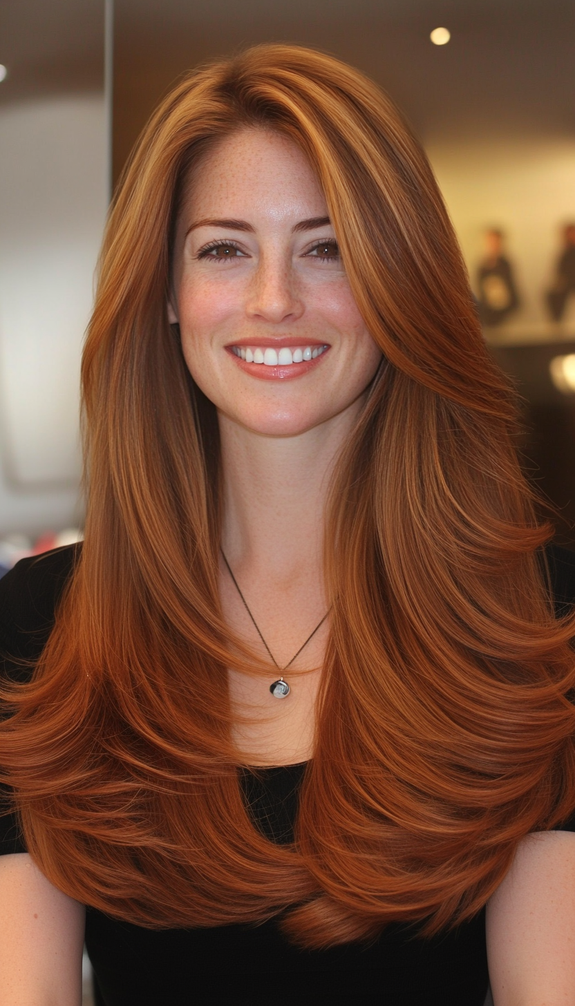 24. Long Straight Layers with Copper Glow (Hairstyles For Thin Straight Hair) - Hairstyles For Thin Straight Hair