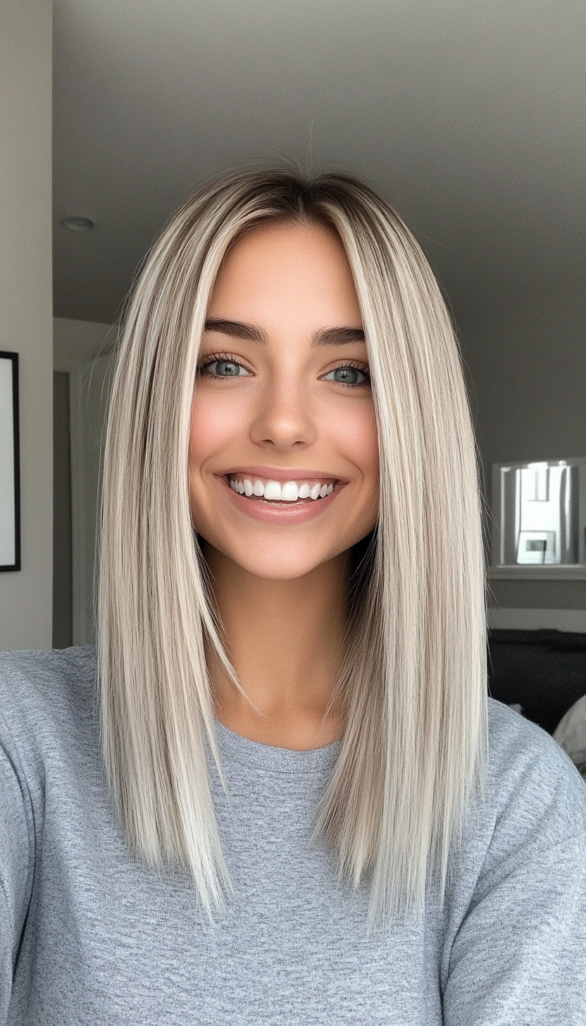 26. Straight Lob with Icy Blonde Tips (Hairstyles For Thin Straight Hair) - Hairstyles For Thin Straight Hair