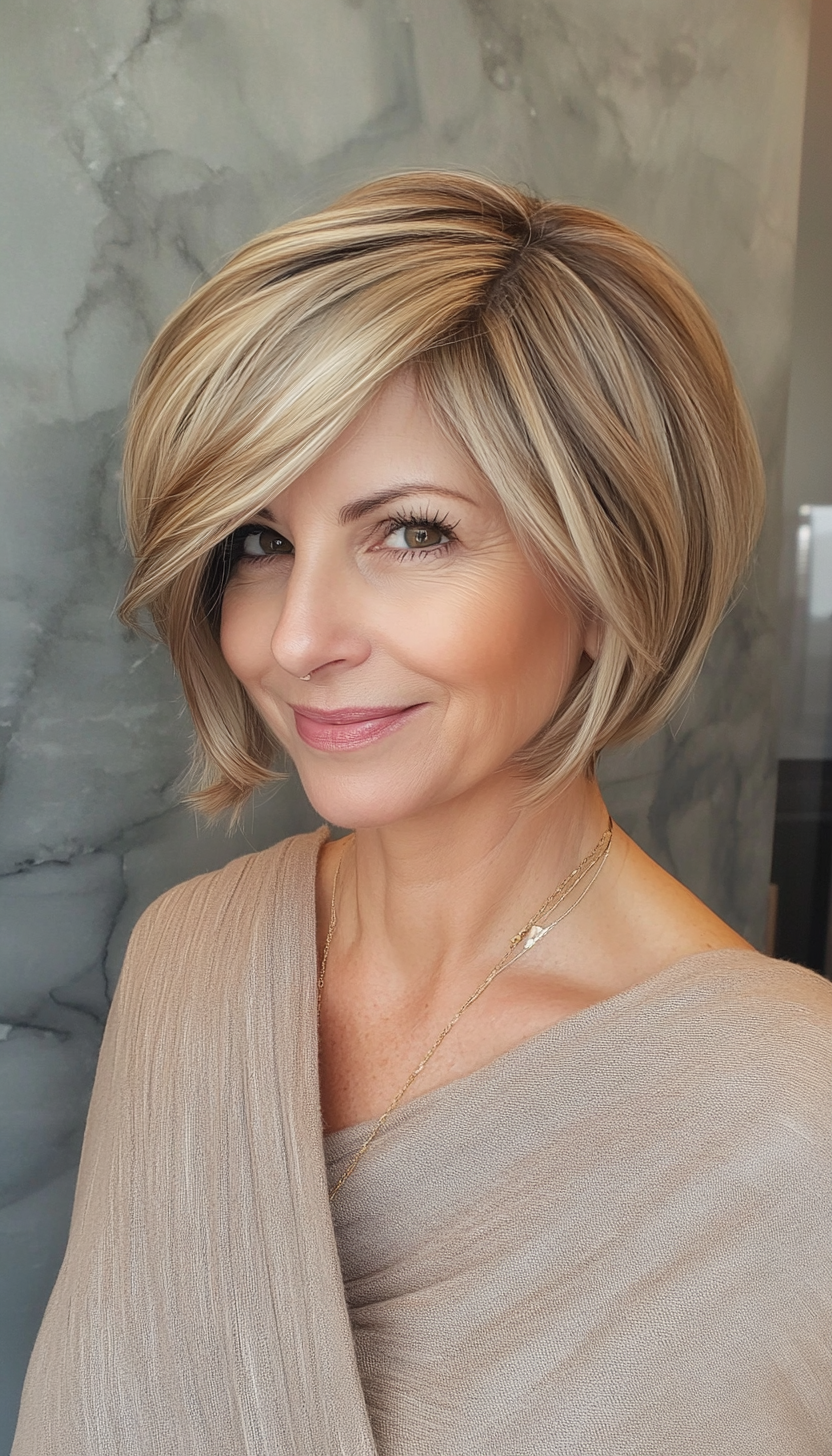 9. Honey Blonde Layered Lob (Short Hairstyles For Women Over 60) - Short Hairstyles For Women Over 60
