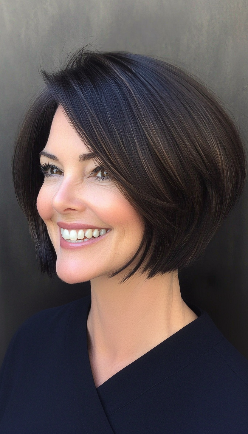 10. Dark Brunette Asymmetrical Bob (Short Hairstyles For Women Over 60) - Short Hairstyles For Women Over 60