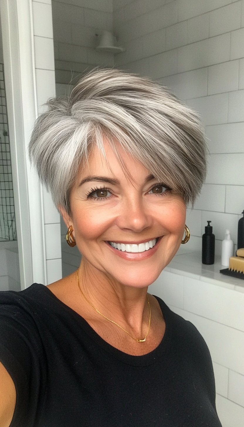 13. Golden Gray Layered Pixie (Short Hairstyles For Women Over 60) - Short Hairstyles For Women Over 60