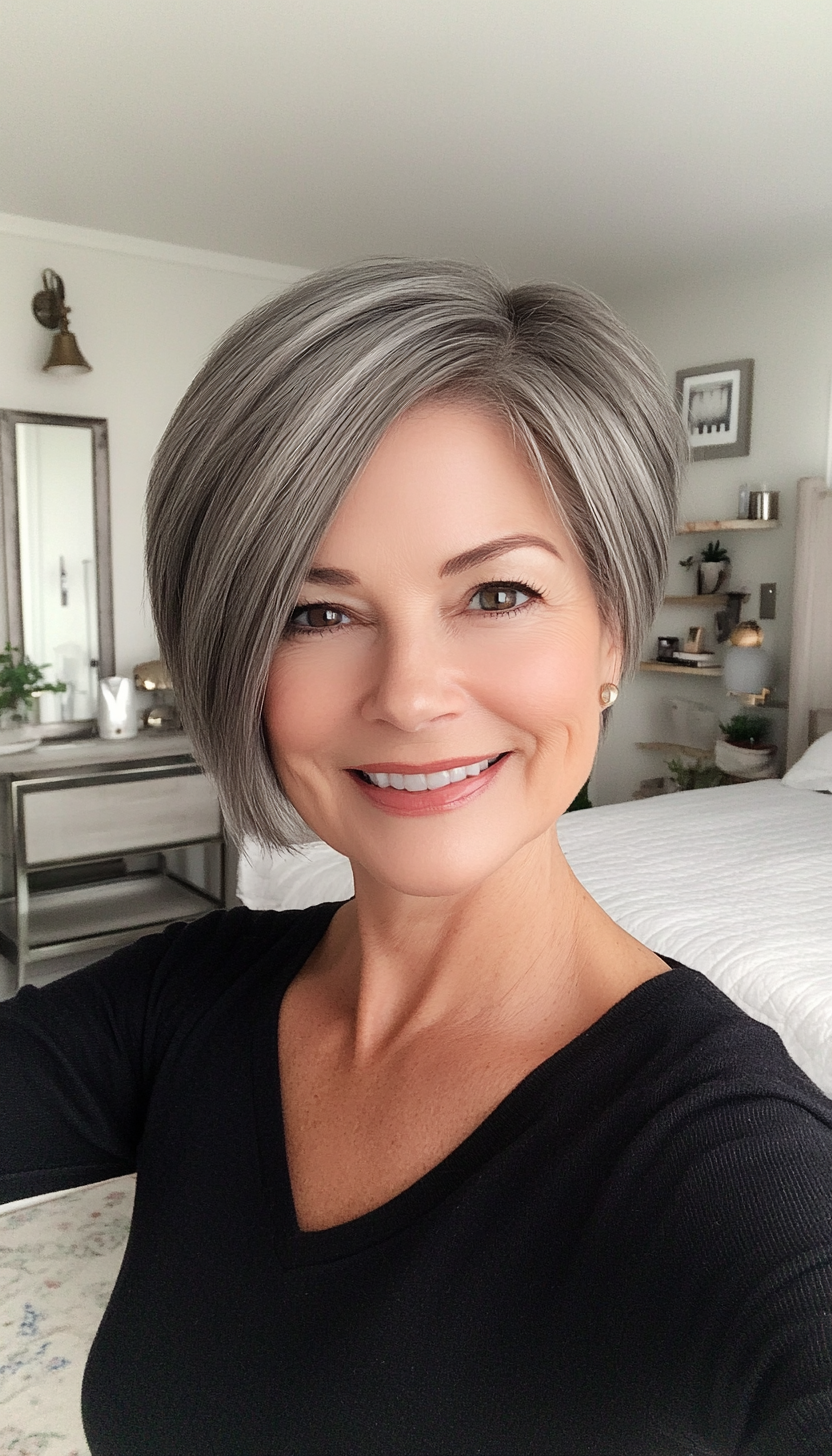 15. Pewter Gray Side-Swept Pixie (Short Hairstyles For Women Over 60) - Short Hairstyles For Women Over 60