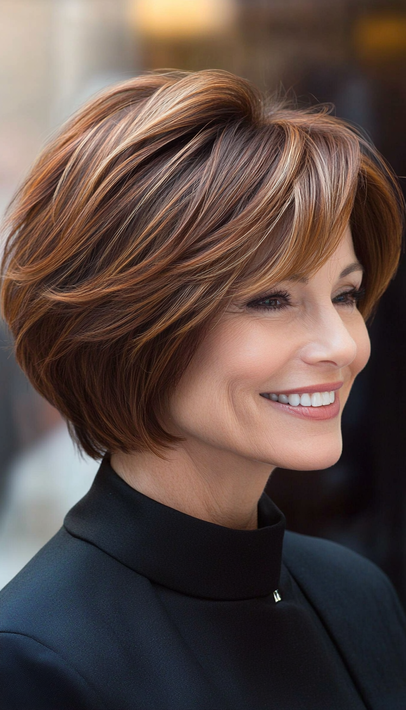 24. Chestnut Ombre Layered Bob (Short Hairstyles For Women Over 60) - Short Hairstyles For Women Over 60