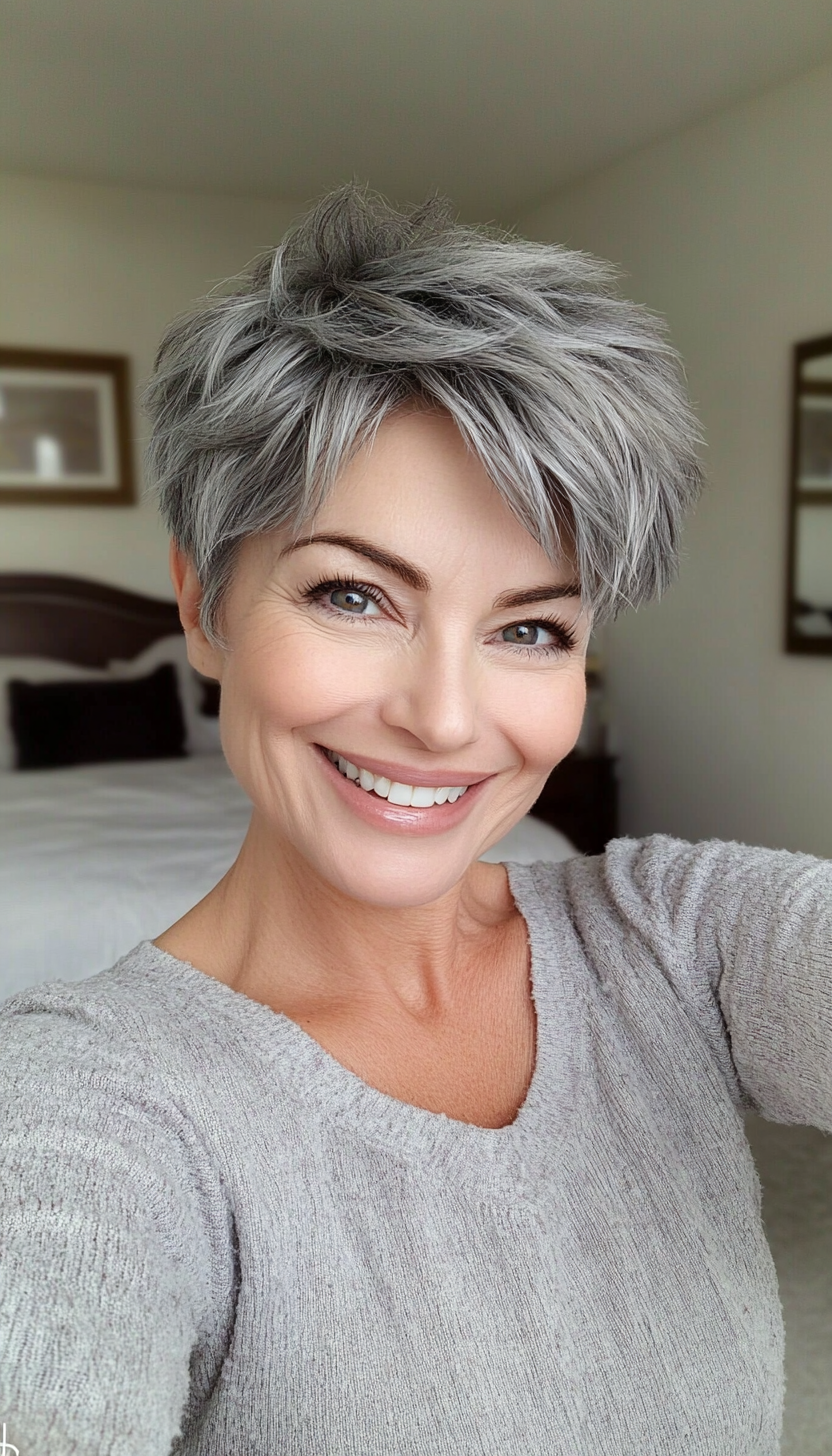 26. Ash Gray Textured Pixie (Short Hairstyles For Women Over 60) - Short Hairstyles For Women Over 60