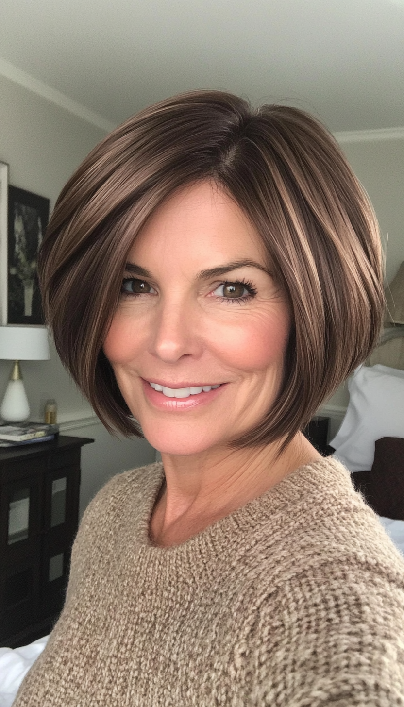 27. Warm Brunette Chin-Length Bob (Short Hairstyles For Women Over 60) - Short Hairstyles For Women Over 60