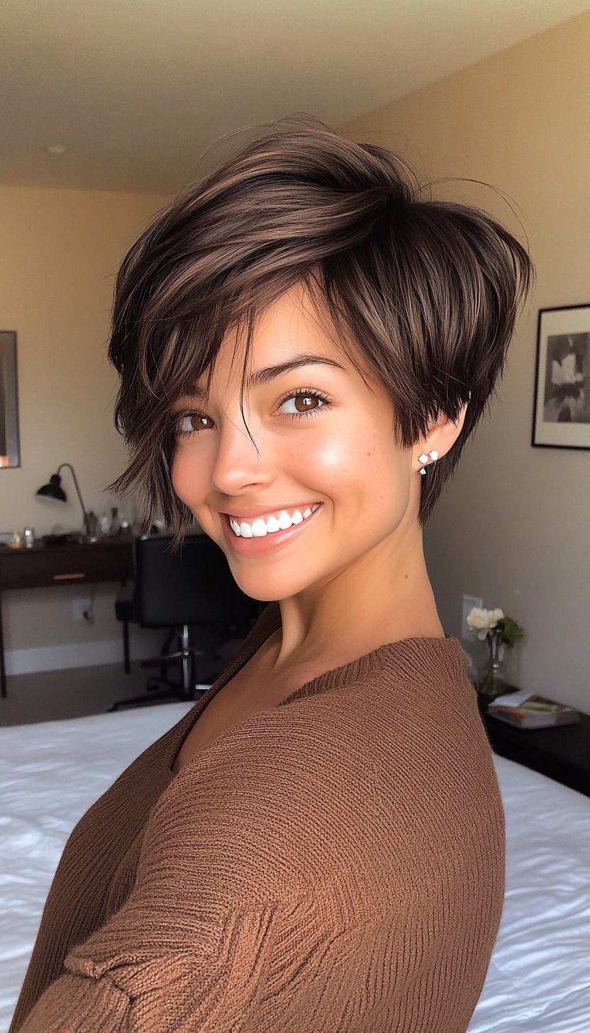 15. Pixie with Blended Layers in Deep Mocha Brown (Long Pixie Cuts) - Long Pixie Cuts