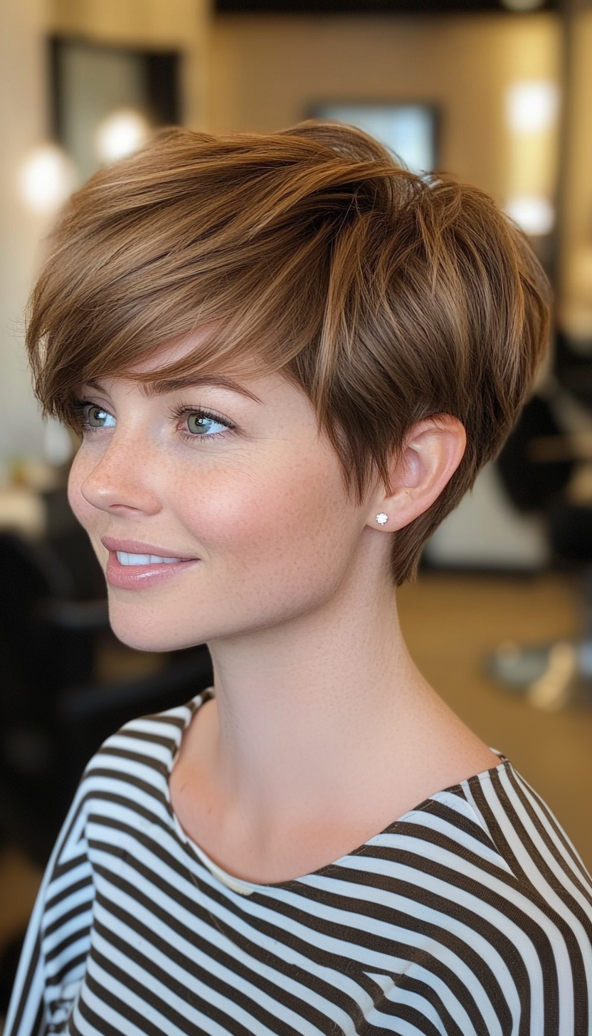 24. Tousled Pixie with Soft Bangs in Honey Brown (Long Pixie Cuts) - Long Pixie Cuts