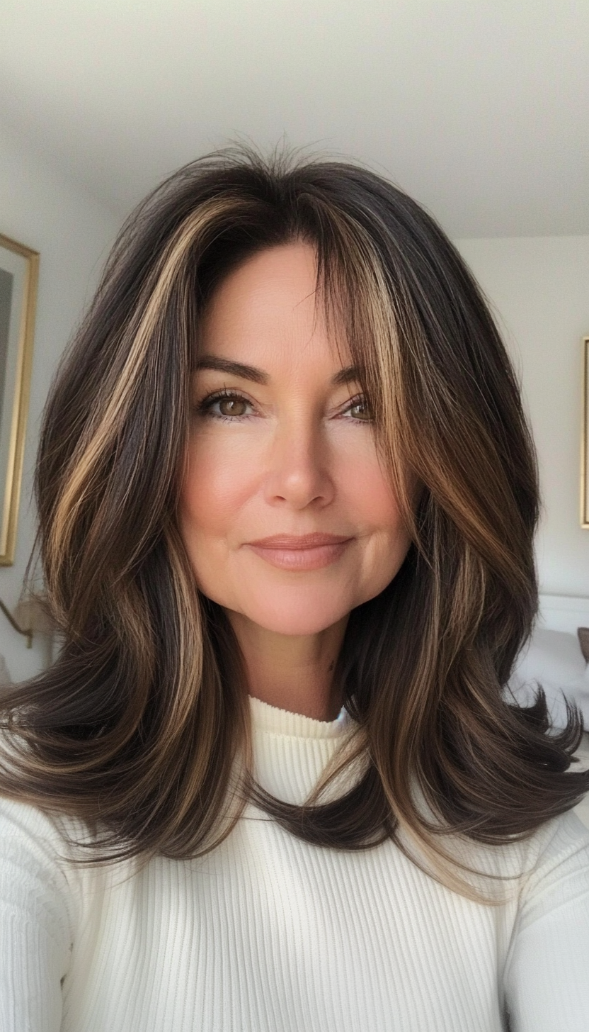1. Feathered Lob in Warm Brunette (Medium Length Hairstyles For Women Over 50) - Medium Length Hairstyles For Women Over 50