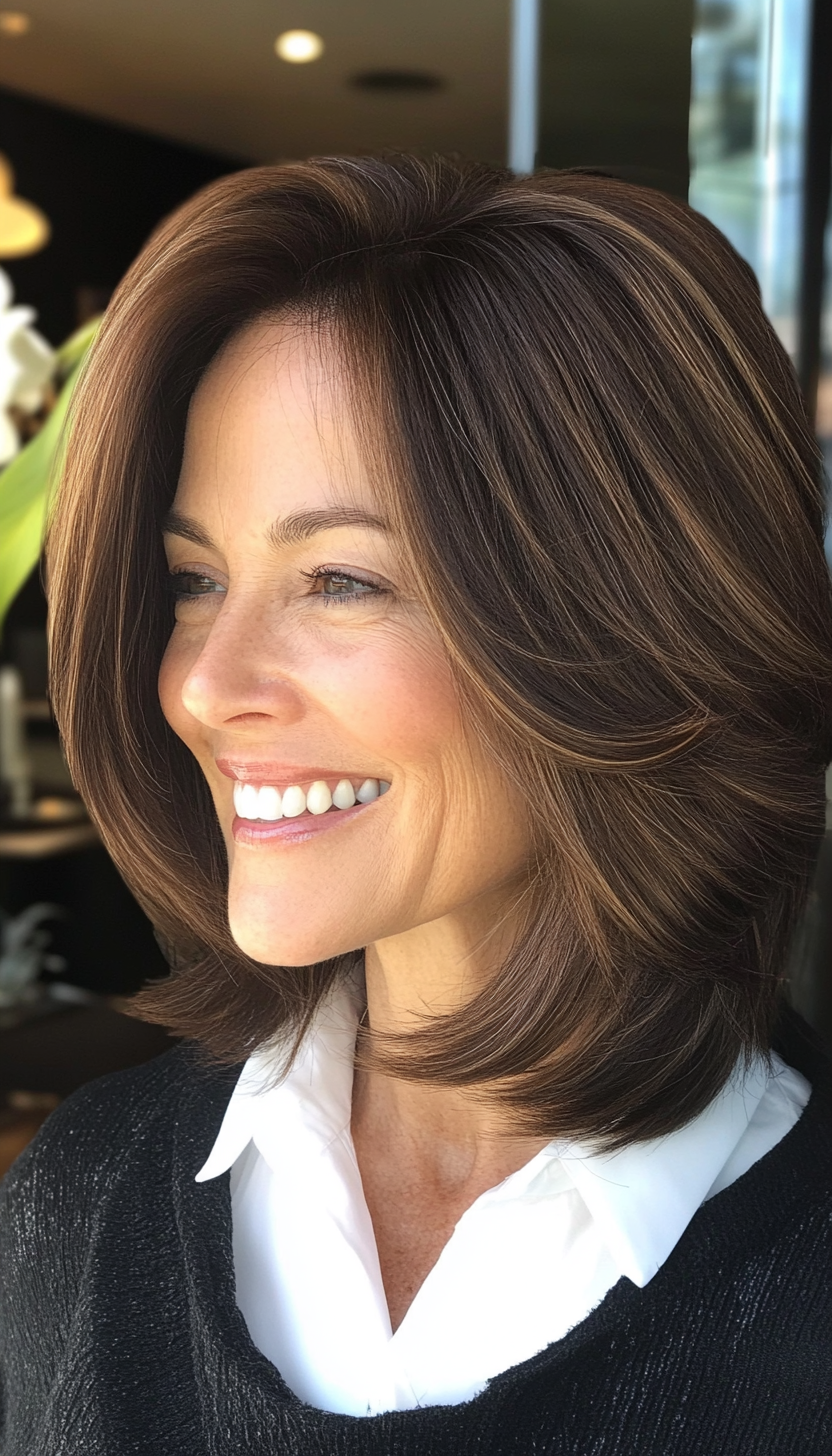 4. Blunt Cut with Face-Framing Layers in Espresso Brown (Medium Length Hairstyles For Women Over 50) - Medium Length Hairstyles For Women Over 50