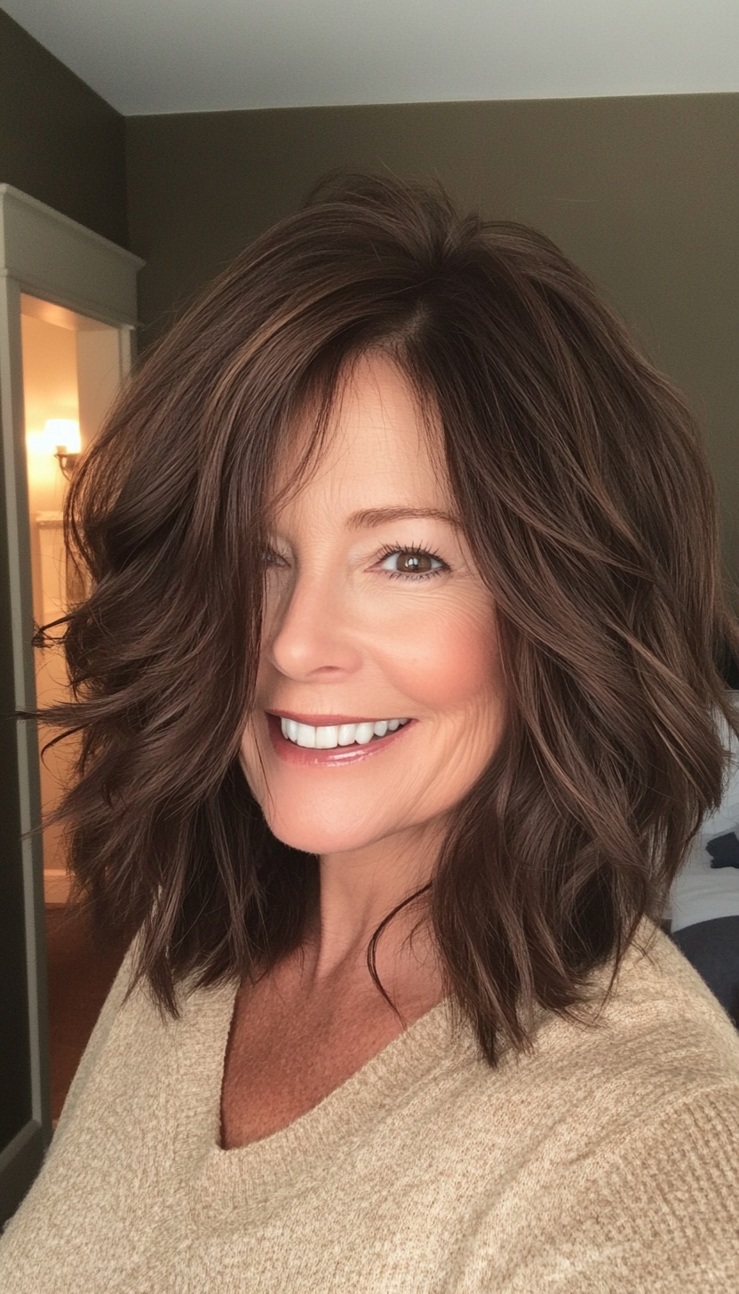 6. Textured Lob in Dark Chocolate Brown (Medium Length Hairstyles For Women Over 50) - Medium Length Hairstyles For Women Over 50