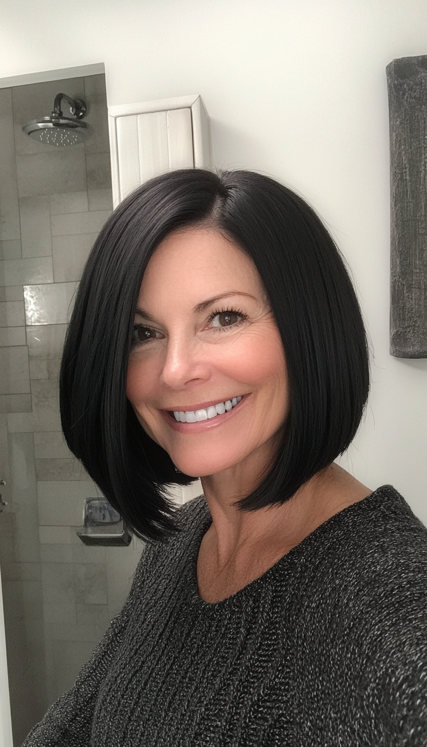 8. Classic Shoulder-Length Bob in Jet Black (Medium Length Hairstyles For Women Over 50) - Medium Length Hairstyles For Women Over 50