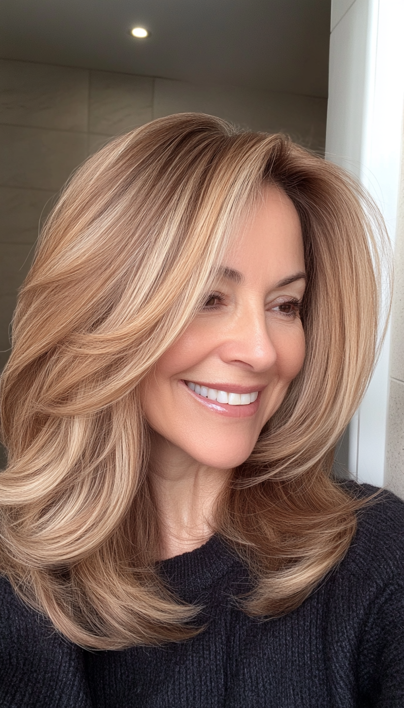 9. Side-Parted Layered Cut in Light Caramel Brown (Medium Length Hairstyles For Women Over 50) - Medium Length Hairstyles For Women Over 50