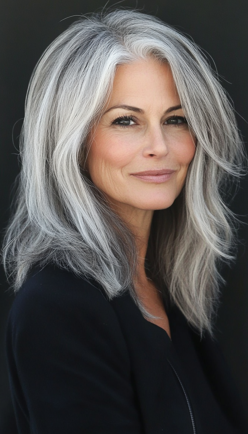10. Mid-Length Layered Cut in Salt and Pepper (Medium Length Hairstyles For Women Over 50) - Medium Length Hairstyles For Women Over 50