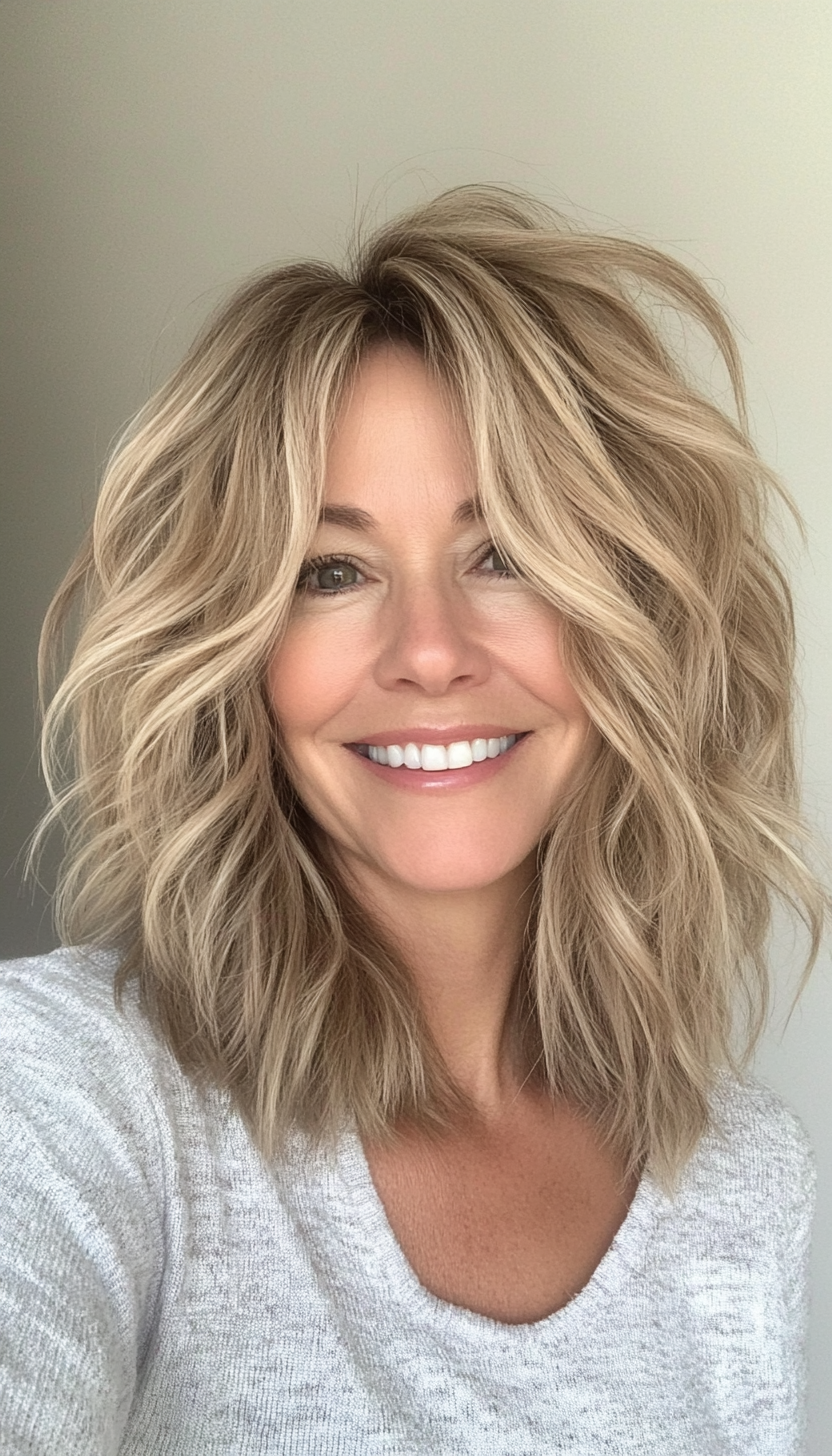 12. Messy Waves in Sandy Blonde (Medium Length Hairstyles For Women Over 50) - Medium Length Hairstyles For Women Over 50