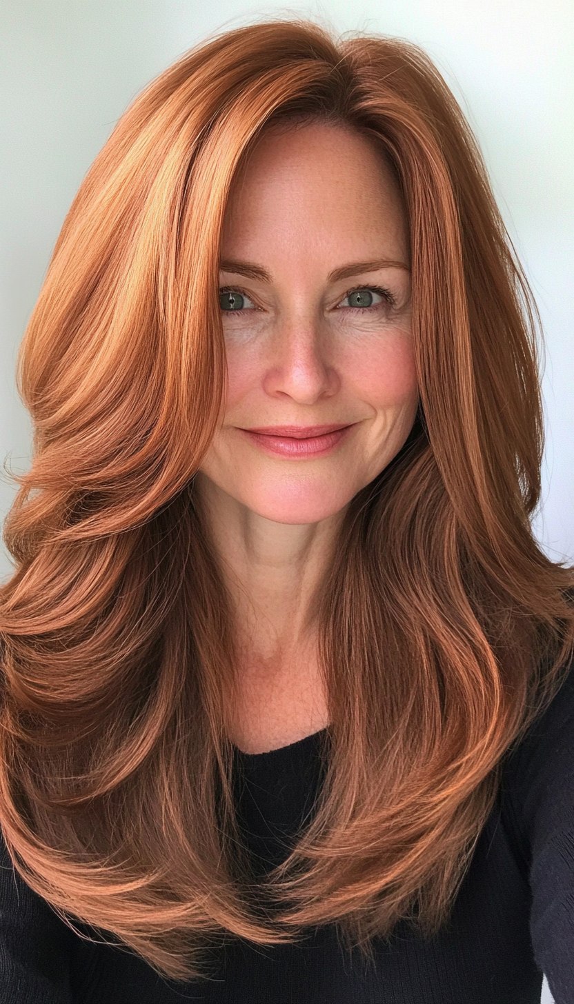 14. Face-Framing Long Layers in Copper Brown (Medium Length Hairstyles For Women Over 50) - Medium Length Hairstyles For Women Over 50