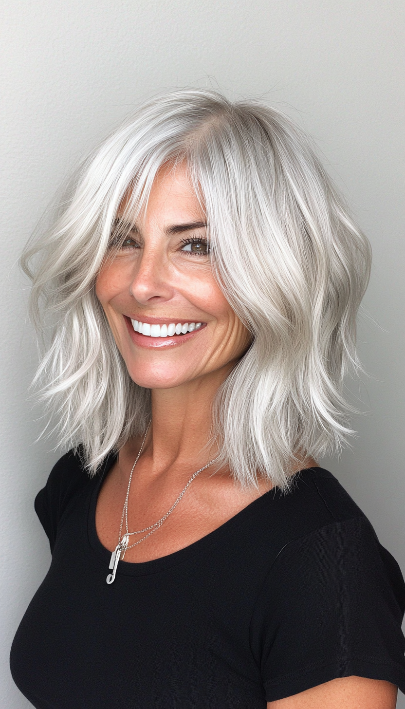 15. Shaggy Lob in Silver Blonde (Medium Length Hairstyles For Women Over 50) - Medium Length Hairstyles For Women Over 50