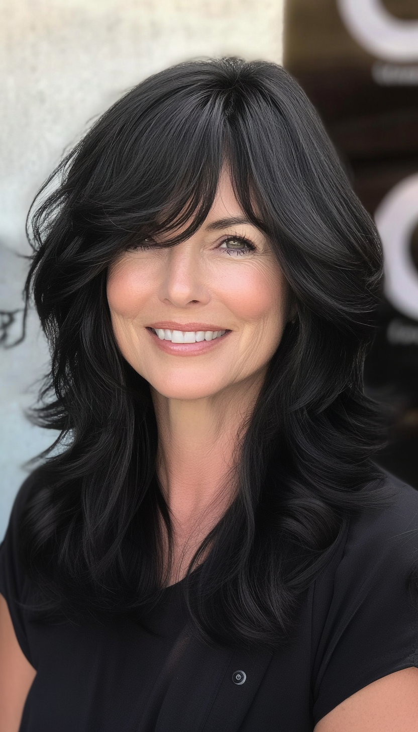 16. Layered Shoulder Cut with Curtain Bangs in Natural Black (Medium Length Hairstyles For Women Over 50) - Medium Length Hairstyles For Women Over 50