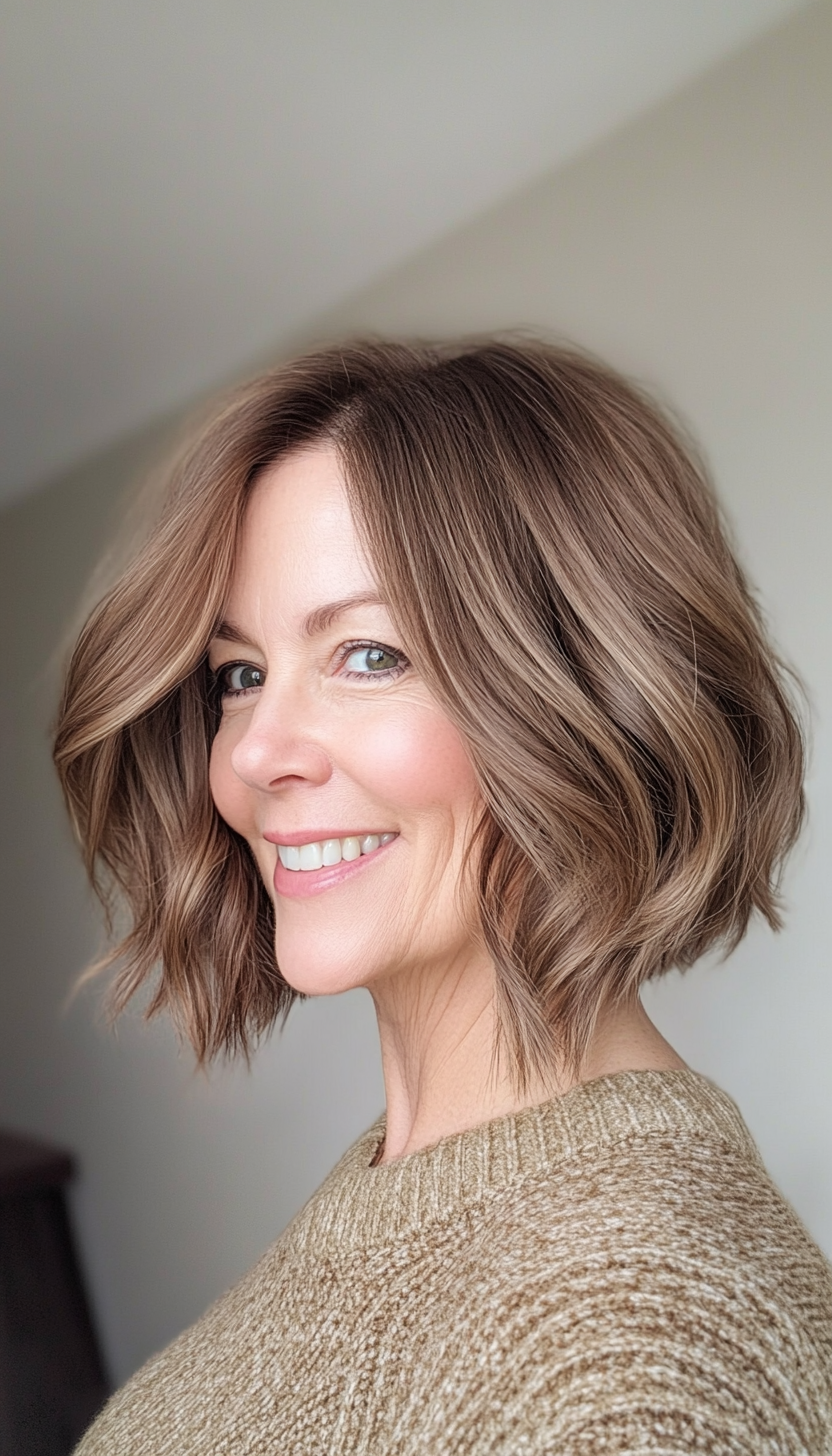 17. Textured Shoulder-Length Bob in Mocha Brown (Medium Length Hairstyles For Women Over 50) - Medium Length Hairstyles For Women Over 50