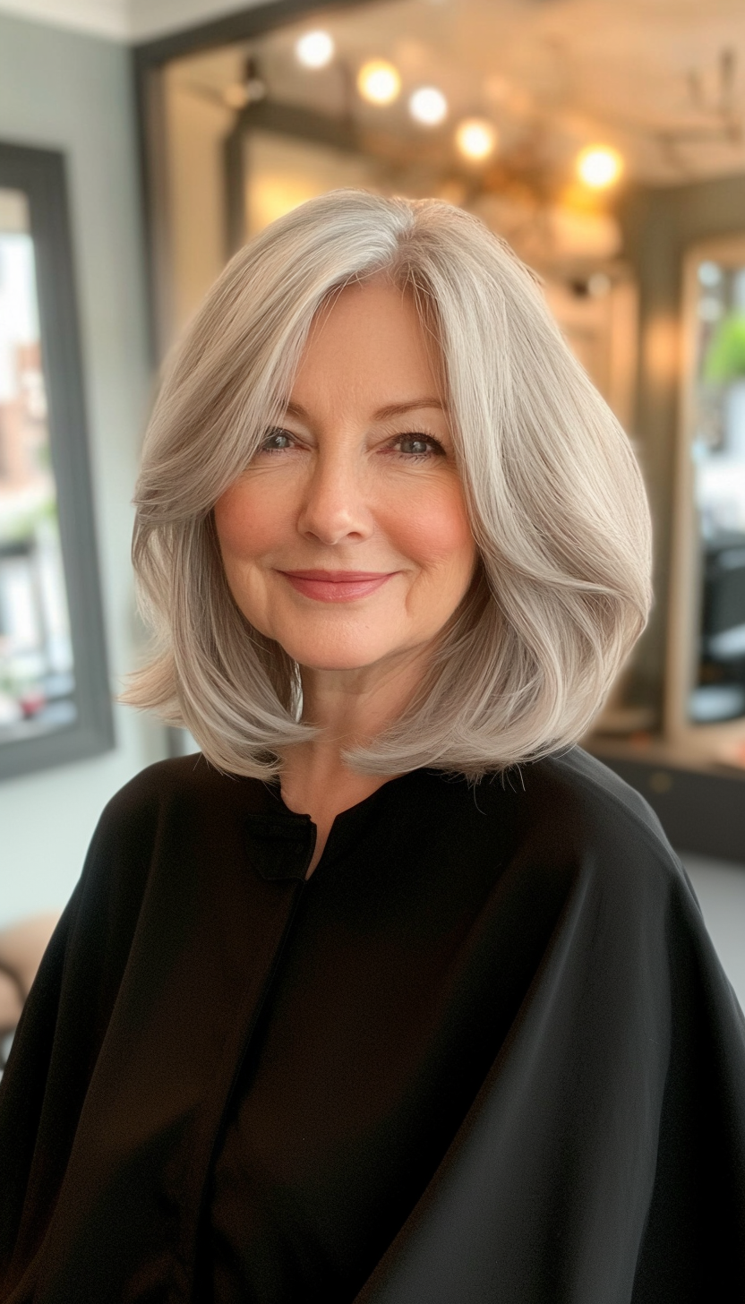 19. Classic Blunt Lob in Natural Grey (Medium Length Hairstyles For Women Over 50) - Medium Length Hairstyles For Women Over 50