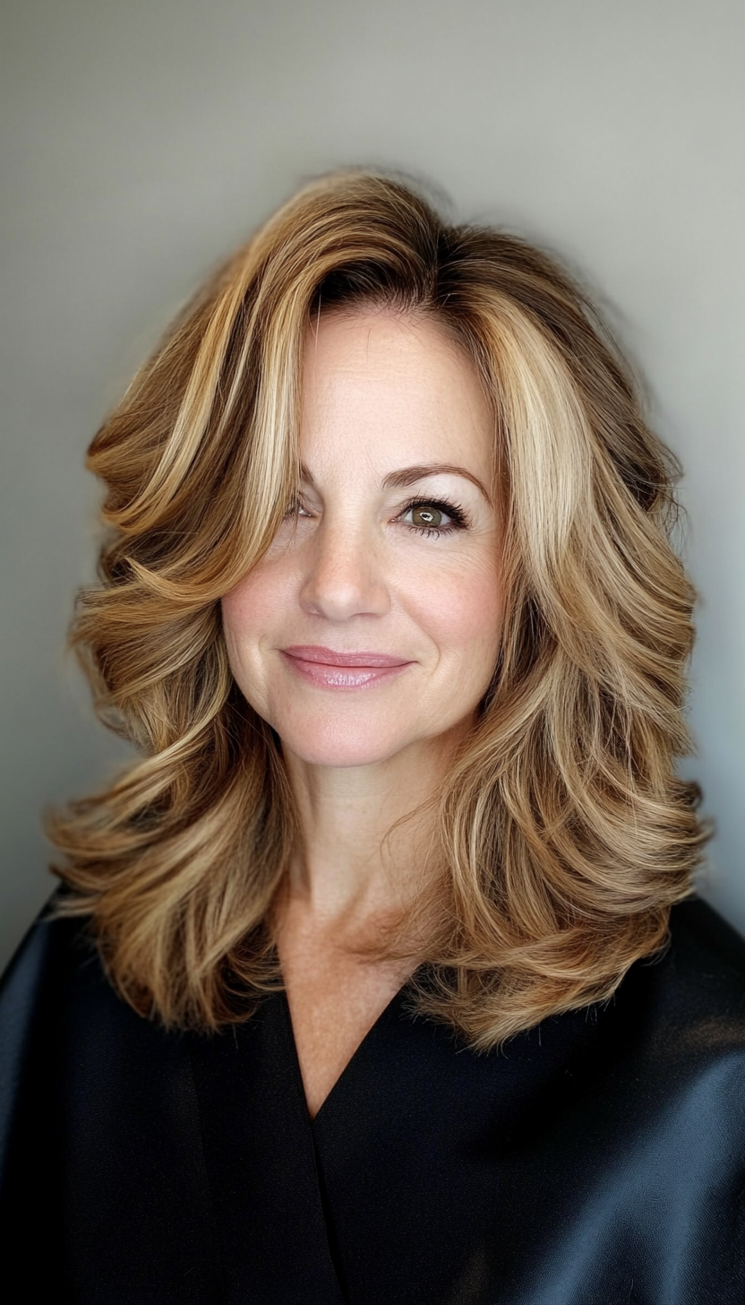 20. Medium-Length Layered Waves in Dark Honey Blonde (Medium Length Hairstyles For Women Over 50) - Medium Length Hairstyles For Women Over 50