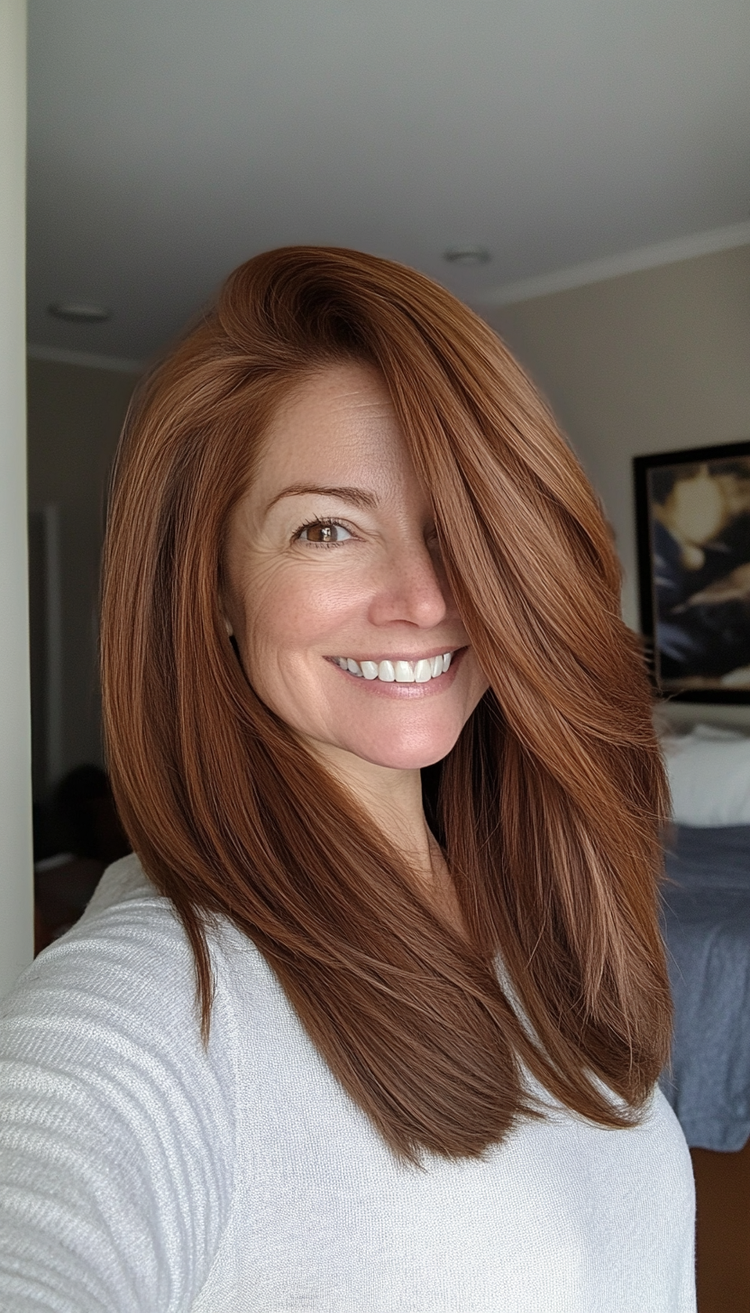 21. Sleek Straight Cut with Subtle Layers in Chestnut Brown (Medium Length Hairstyles For Women Over 50) - Medium Length Hairstyles For Women Over 50