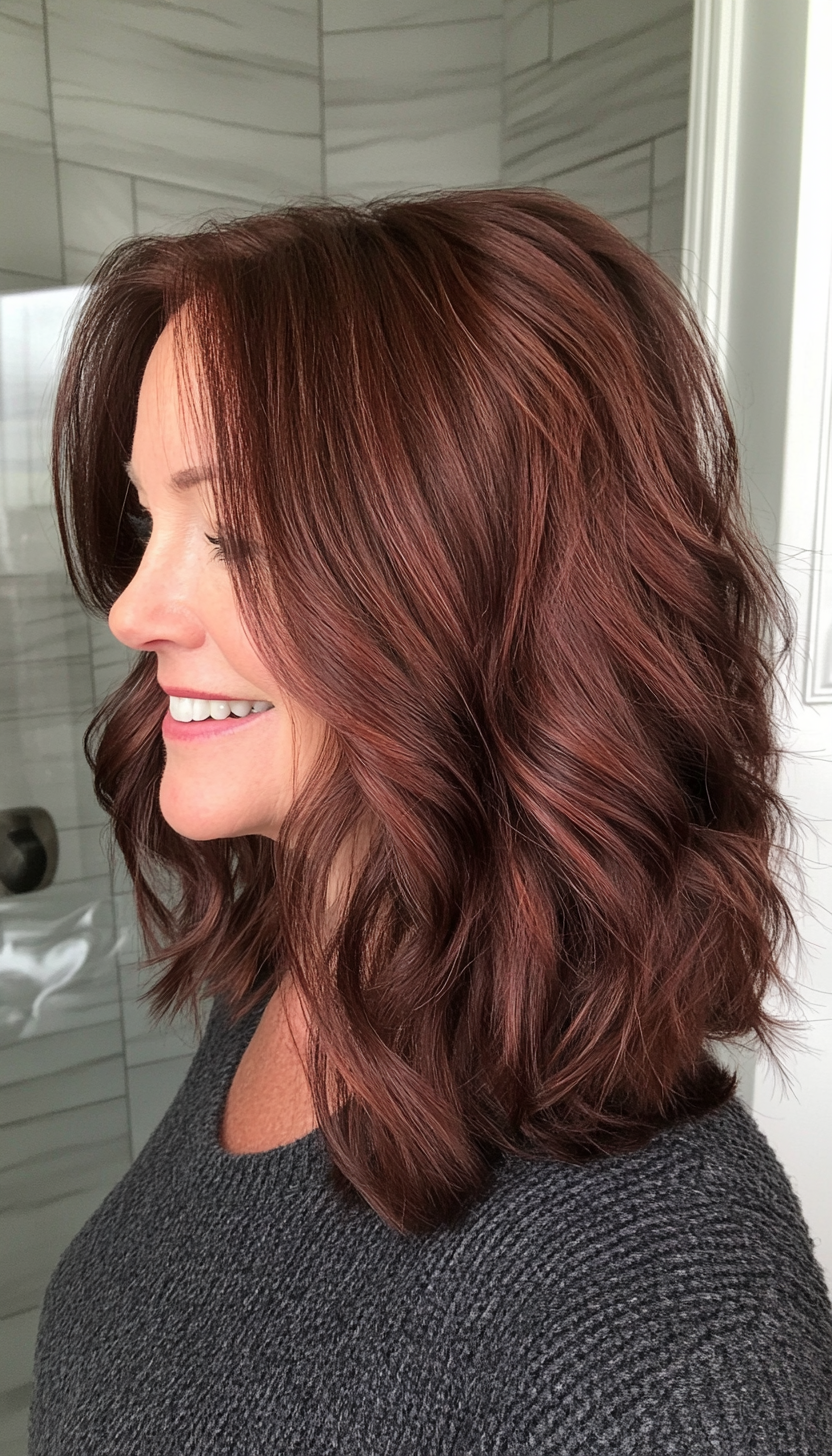 22. Tousled Shoulder-Length Cut in Deep Mahogany (Medium Length Hairstyles For Women Over 50) - Medium Length Hairstyles For Women Over 50