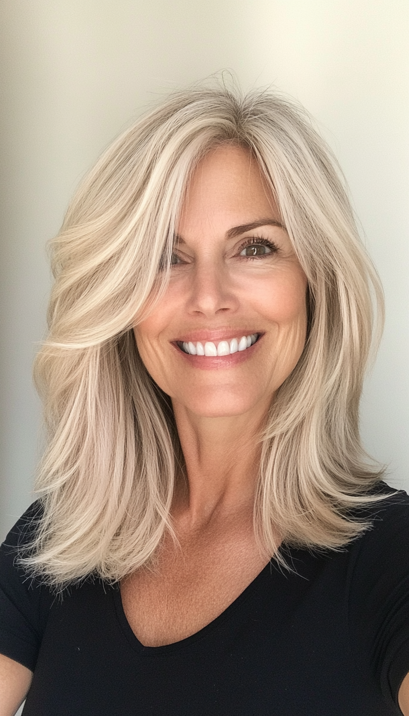 23. Voluminous Layers with Side Part in Light Ash Blonde (Medium Length Hairstyles For Women Over 50) - Medium Length Hairstyles For Women Over 50