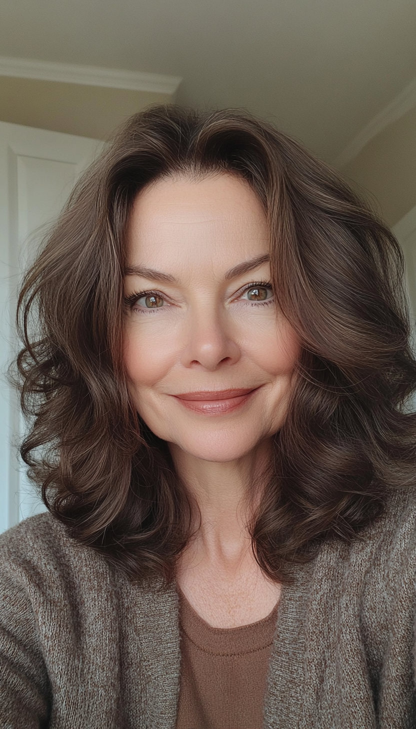 25. Medium-Length Soft Curls in Classic Dark Brown (Medium Length Hairstyles For Women Over 50) - Medium Length Hairstyles For Women Over 50