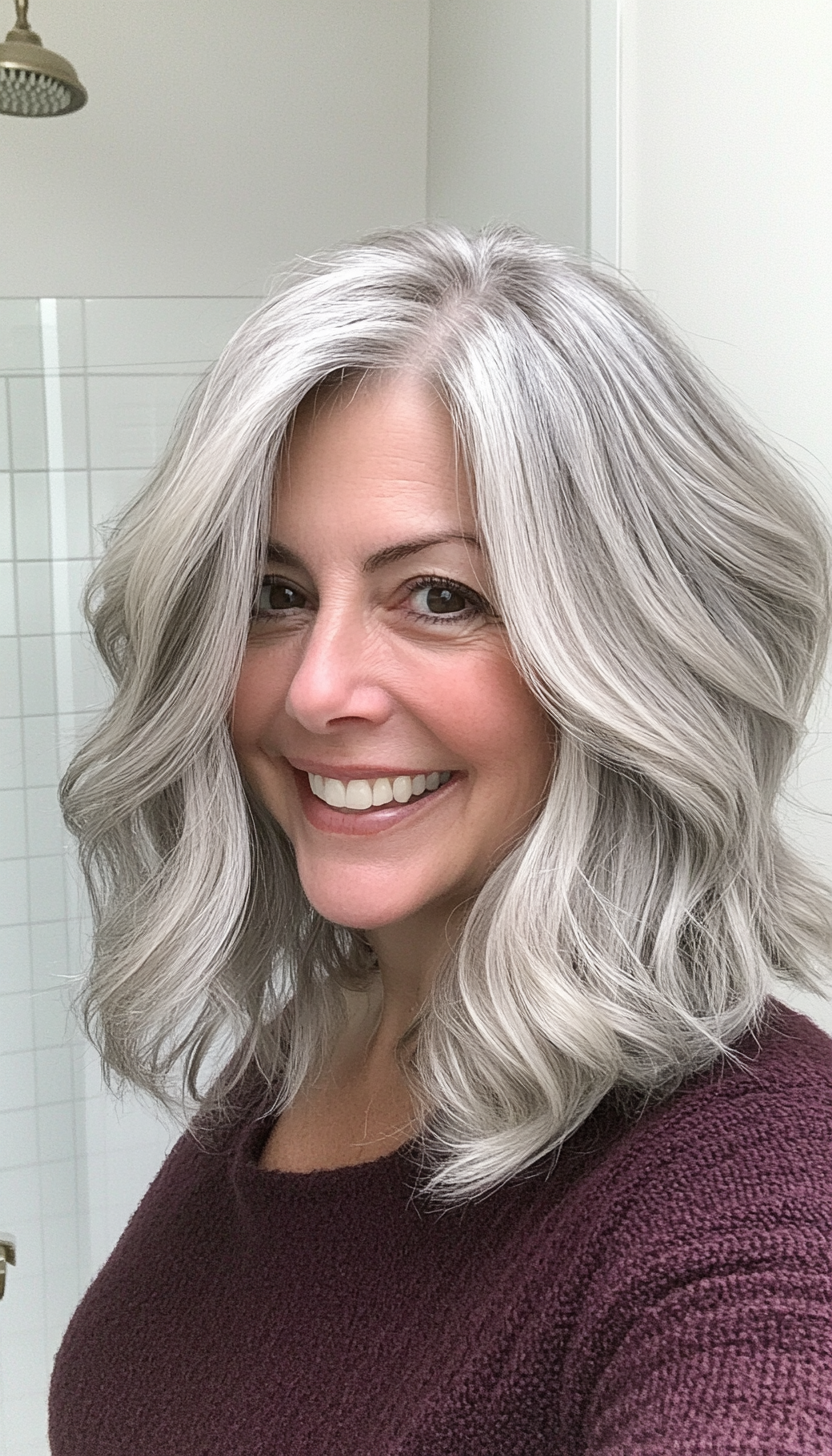 27. Layered Wavy Lob in Silver Ash (Medium Length Hairstyles For Women Over 50) - Medium Length Hairstyles For Women Over 50