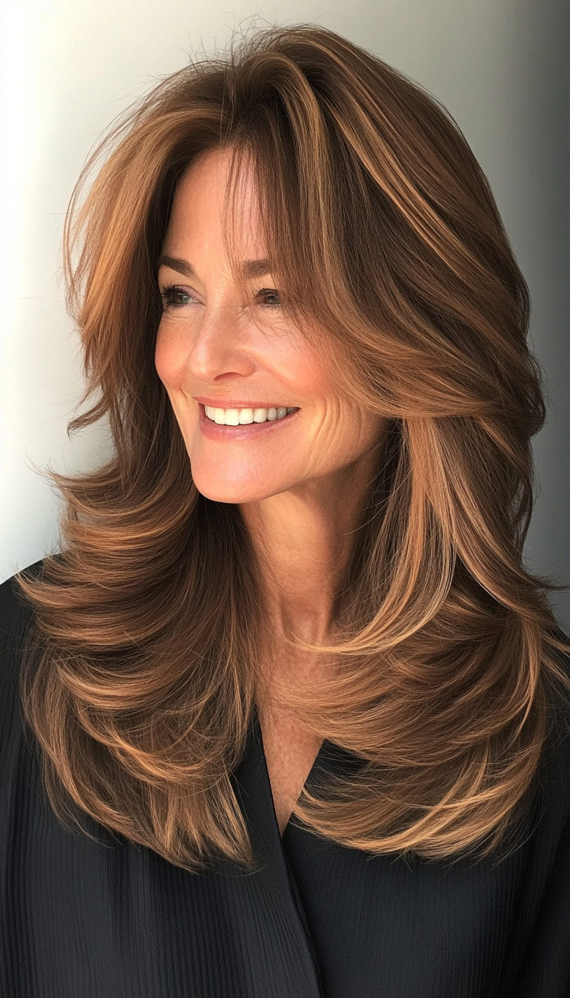 1. Soft Feathered Layers in Warm Chestnut (Layered Hairstyles For Women Over 50) - Layered Hairstyles For Women Over 50