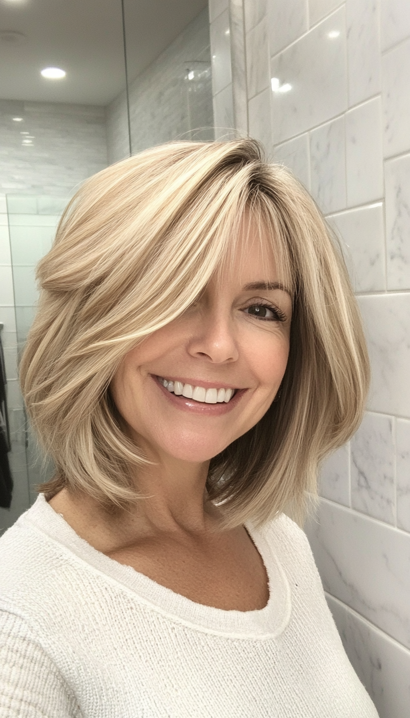 2. Chin-Length Layered Bob in Sandy Blonde (Layered Hairstyles For Women Over 50) - Layered Hairstyles For Women Over 50