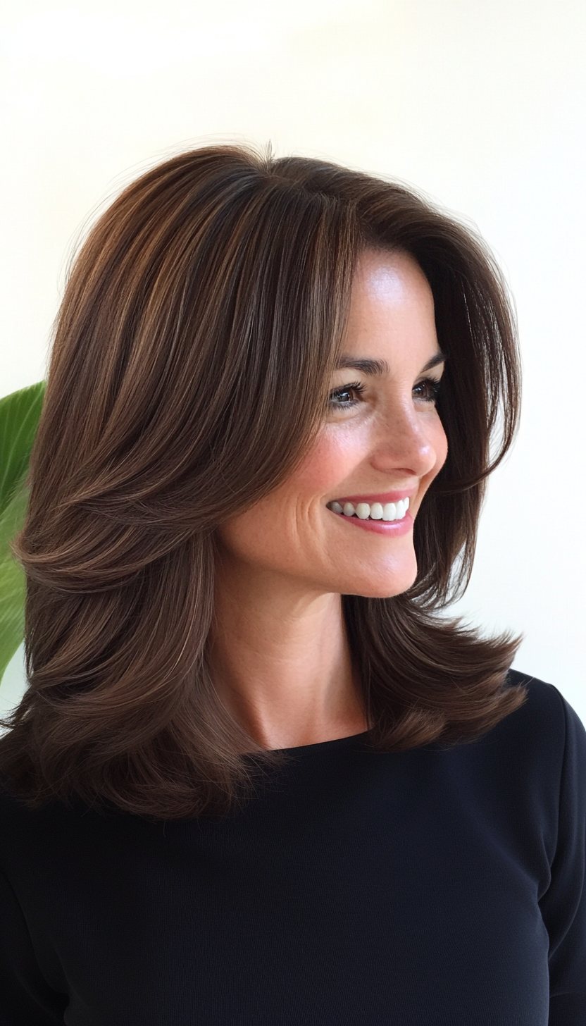 3. Shoulder-Length Soft Layers in Deep Brunette (Layered Hairstyles For Women Over 50) - Layered Hairstyles For Women Over 50