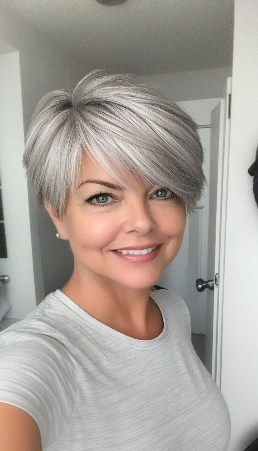 5. Tapered Layered Pixie in Silver Gray (Layered Hairstyles For Women Over 50) - Layered Hairstyles For Women Over 50