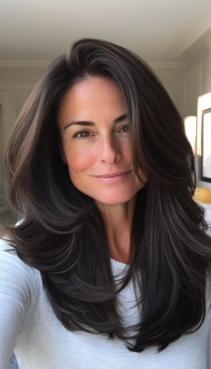 6. Collarbone-Length Layers in Dark Chocolate (Layered Hairstyles For Women Over 50) - Layered Hairstyles For Women Over 50