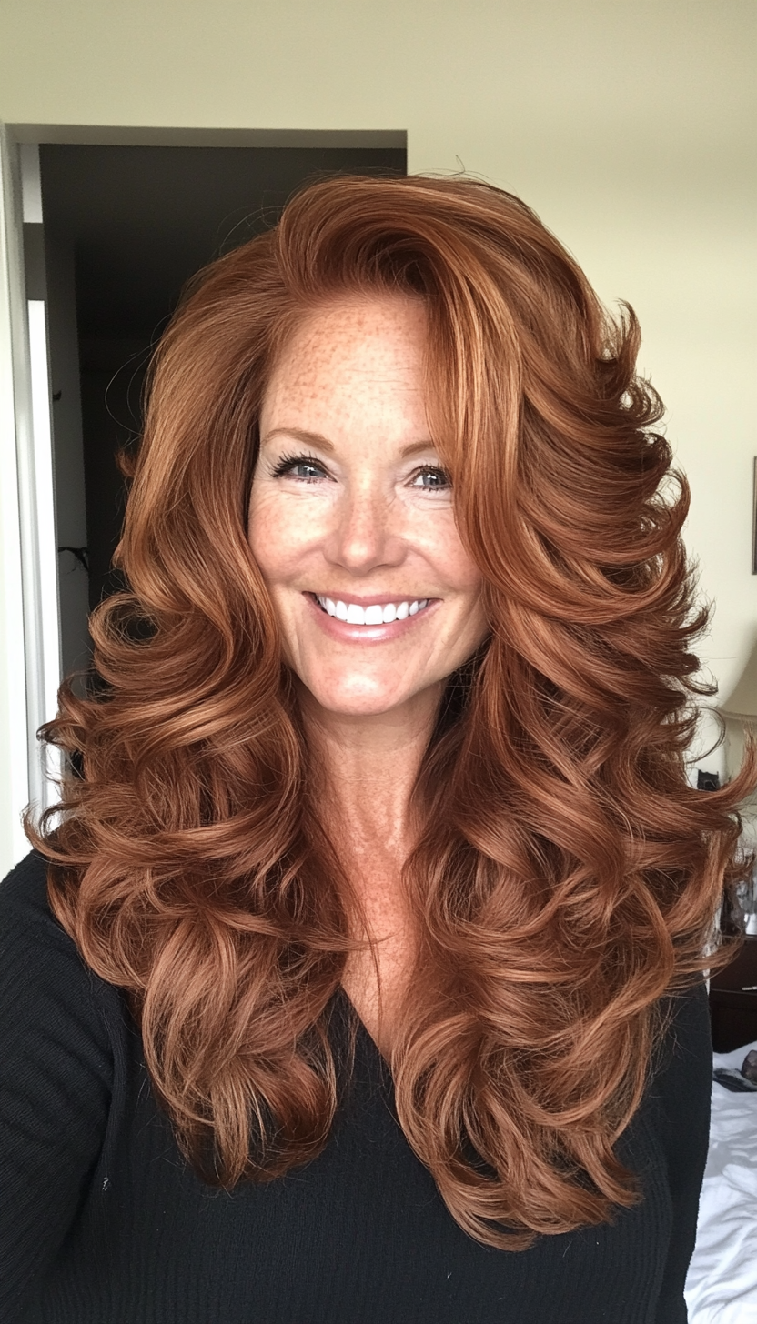 7. Voluminous Curls with Layers in Warm Auburn (Layered Hairstyles For Women Over 50) - Layered Hairstyles For Women Over 50