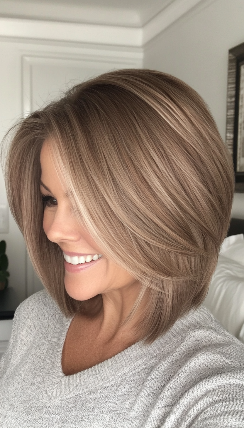 8. Angled Bob with Layers in Ash Brown (Layered Hairstyles For Women Over 50) - Layered Hairstyles For Women Over 50