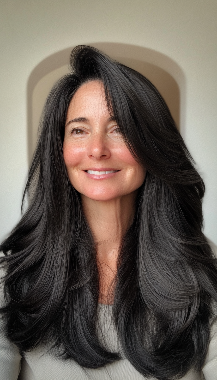 10. Long Face-Framing Layers in Soft Black (Layered Hairstyles For Women Over 50) - Layered Hairstyles For Women Over 50