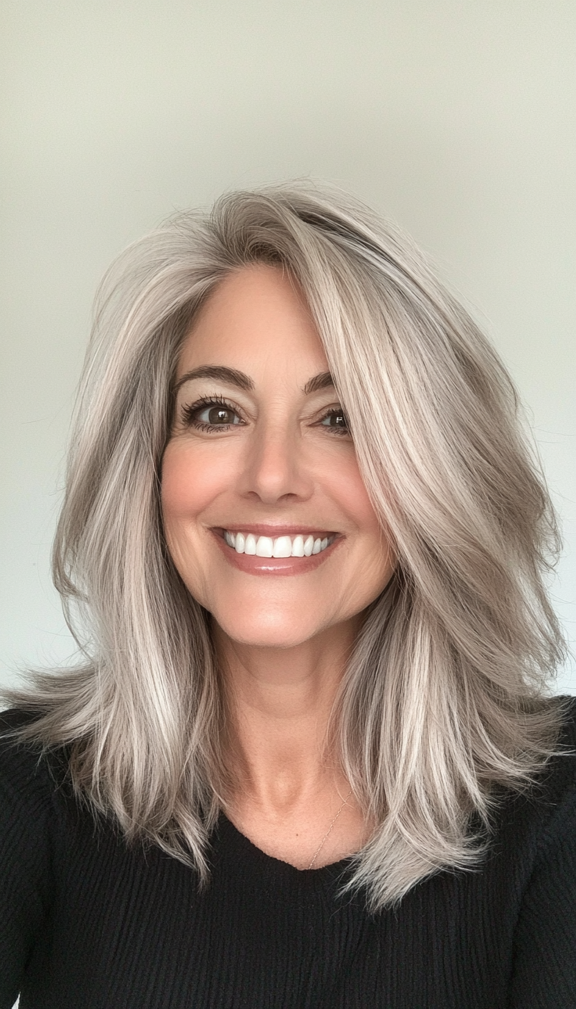 12. Shoulder-Length Wispy Layers in Ash Blonde (Layered Hairstyles For Women Over 50) - Layered Hairstyles For Women Over 50