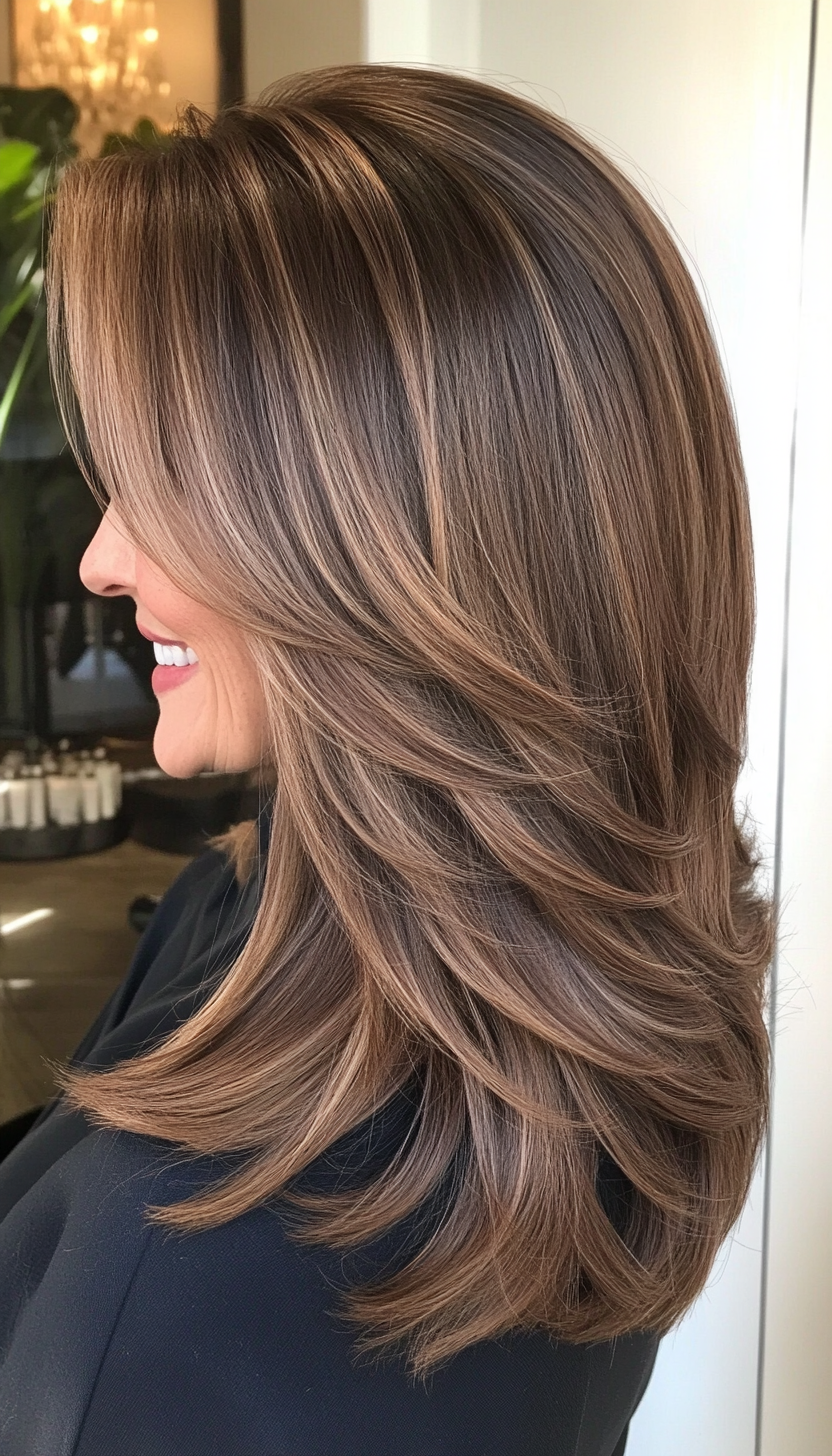 13. Classic Layered Lob in Medium Brown (Layered Hairstyles For Women Over 50) - Layered Hairstyles For Women Over 50